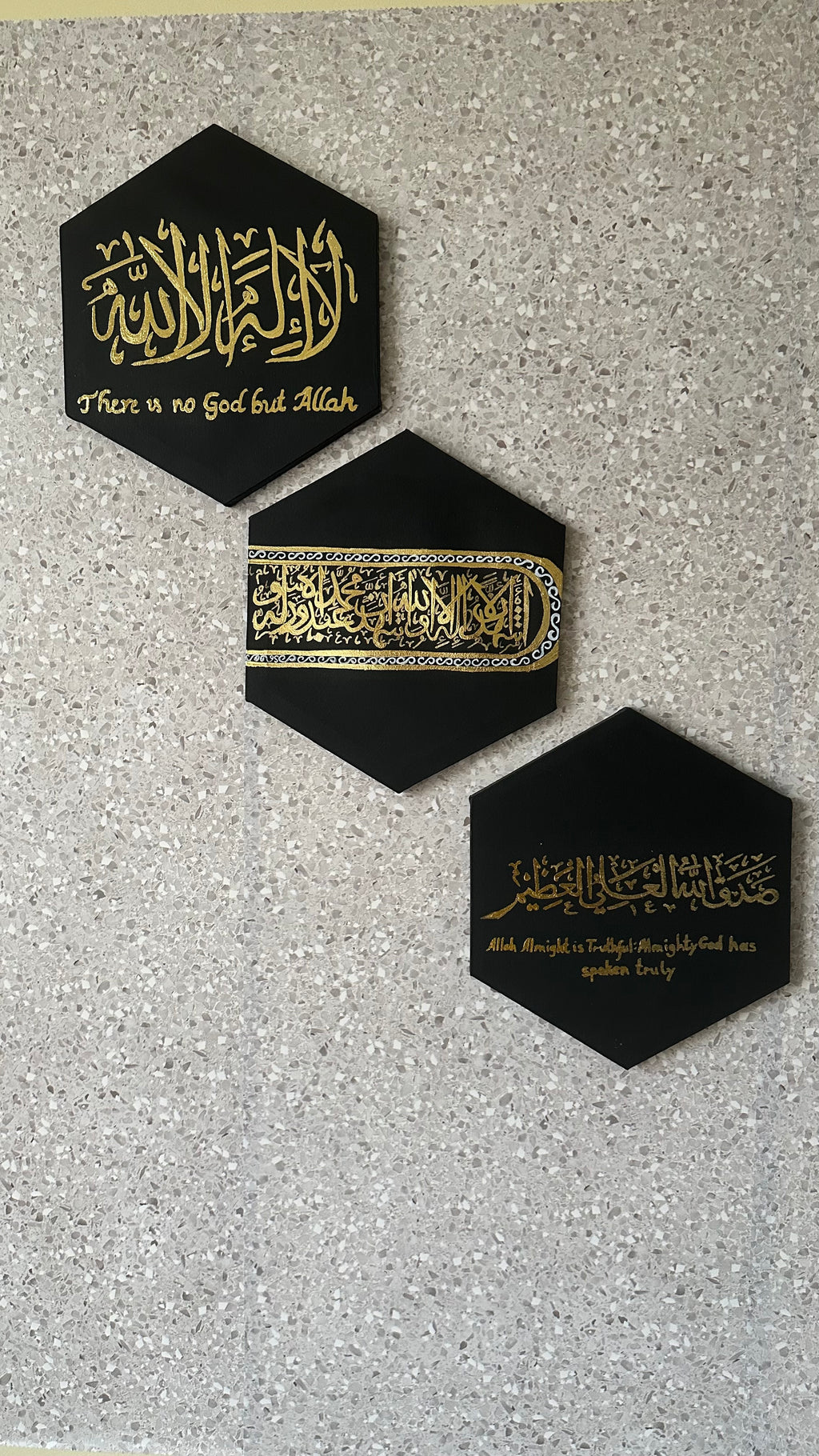 Islamic Hexagon Wall Art Set – Shahada & Quran Verses (3 Pieces, Handmade)