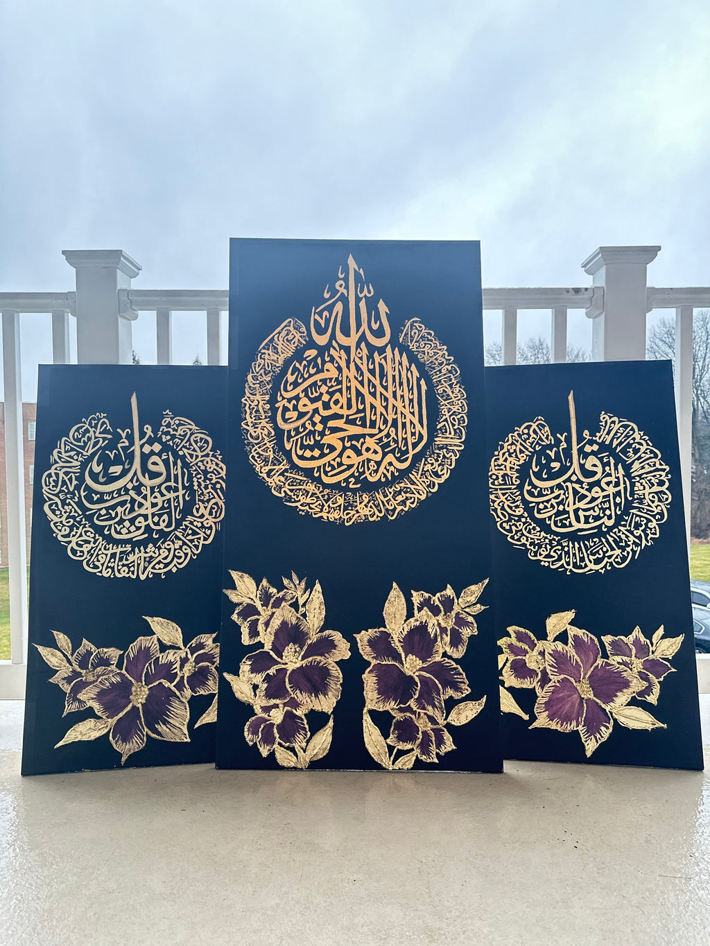 Luxury Islamic Wall Art Set – Ayatul Kursi, Al-Falaq & An-Nas (3-Piece Large Canvas, Pre-Order)