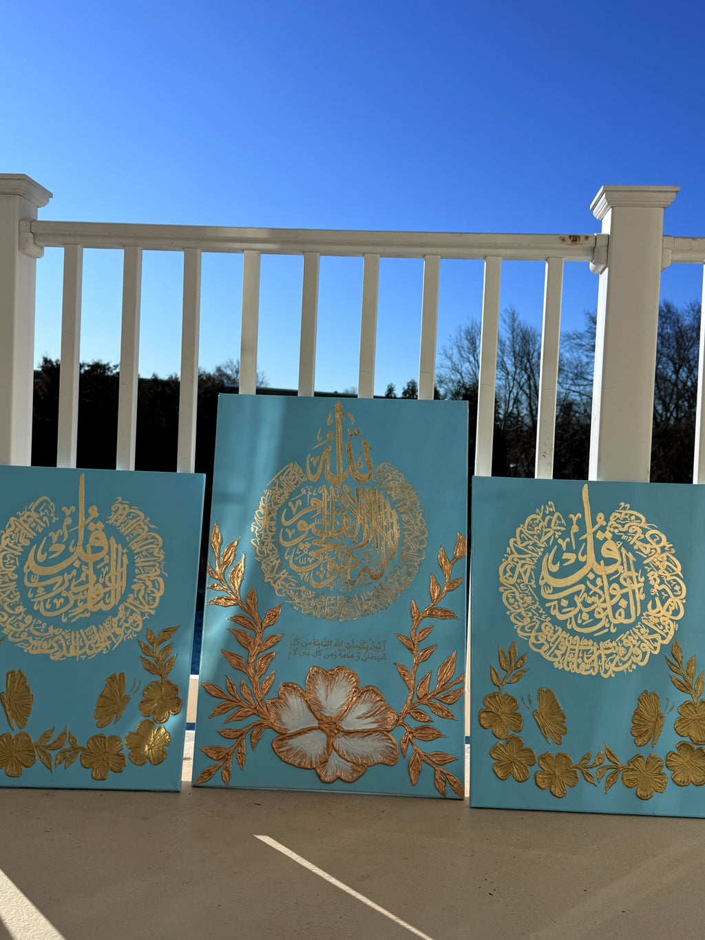 Ayatul Kursi & Protection Surahs Set – 3 Piece in Sky Blue Luxury Islamic Wall Art (Pre-Order)