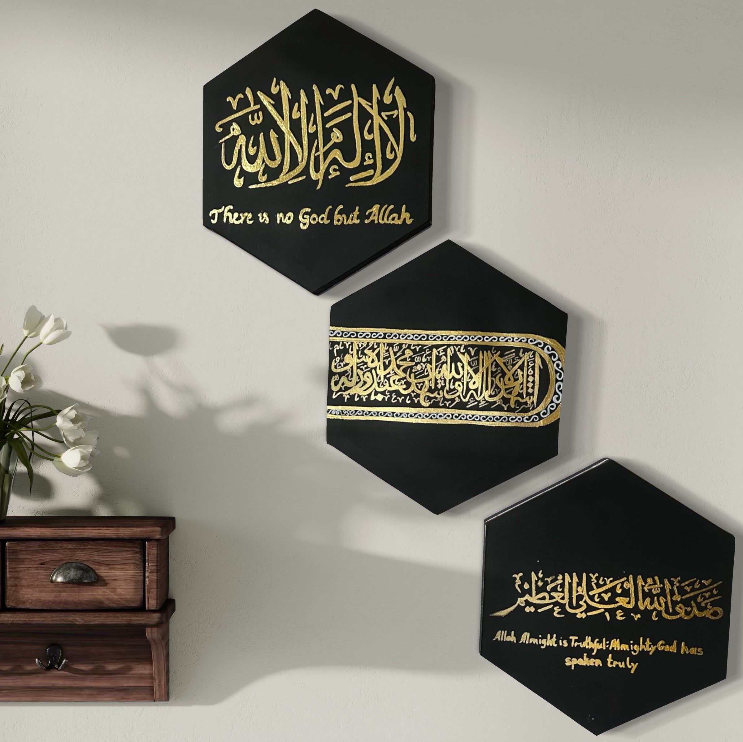 Islamic Hexagon Wall Art Set – Shahada & Quran Verses (3 Pieces, Handmade)