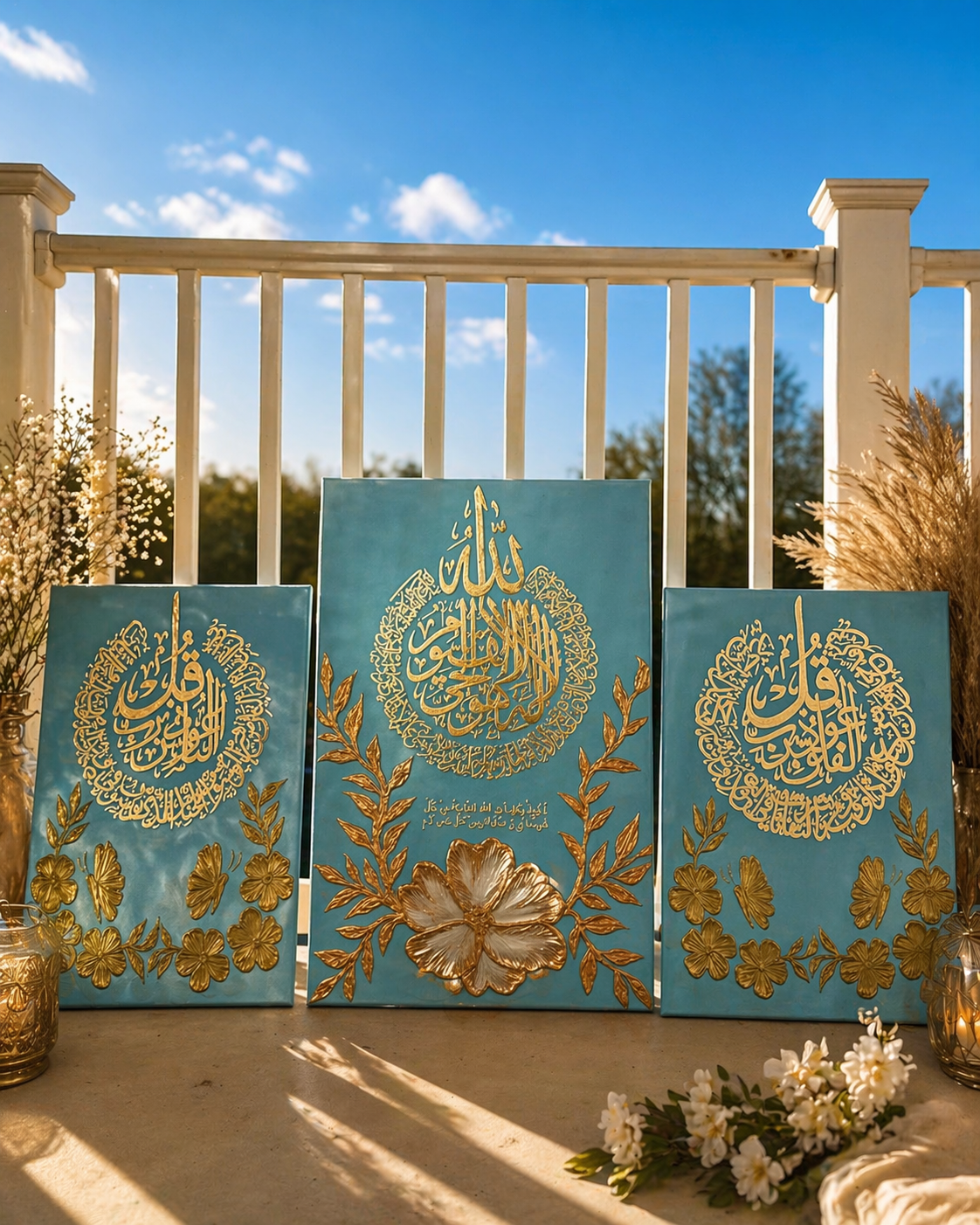 Ayatul Kursi & Protection Surahs Set – 3 Piece in Sky Blue Luxury Islamic Wall Art (Pre-Order)